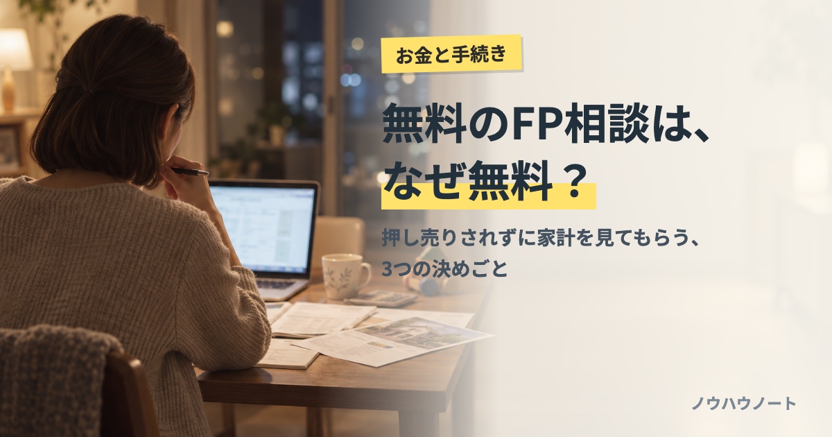 夜のダイニングで住宅のチラシと家計の書類を前に考える女性の後ろ姿