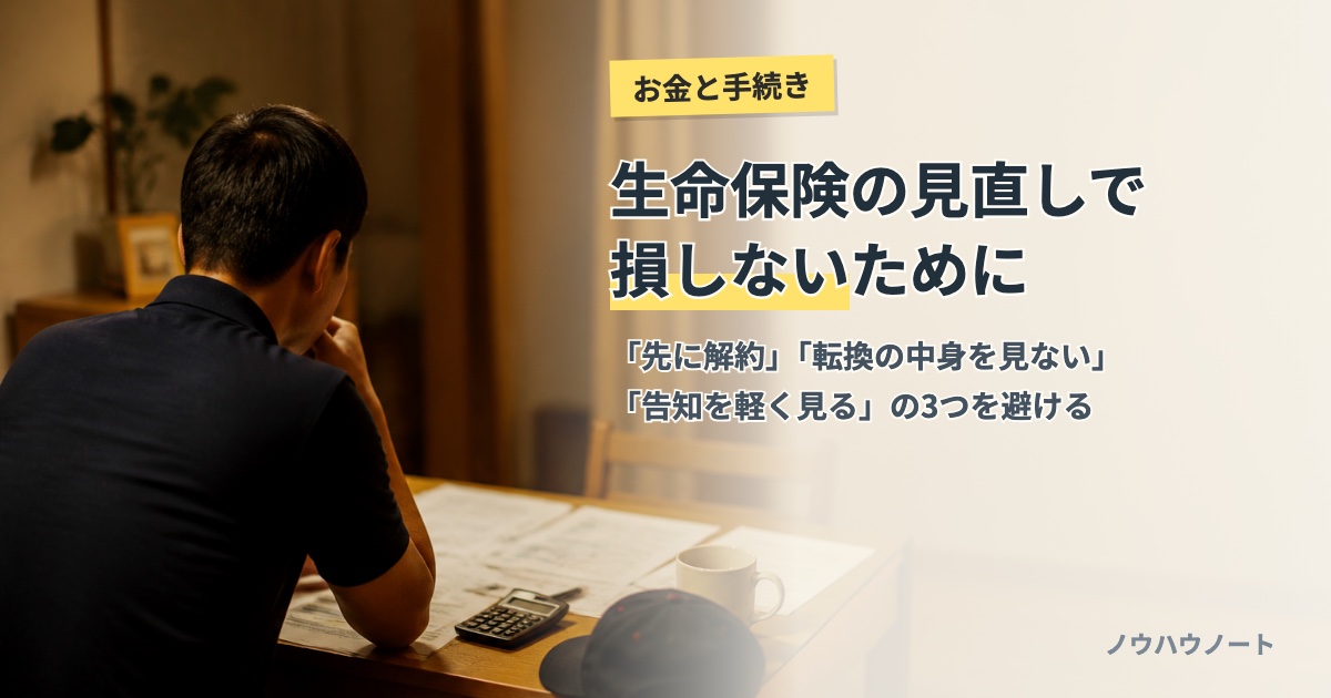 夜のダイニングで保険の書類と電卓を前に考える男性の後ろ姿