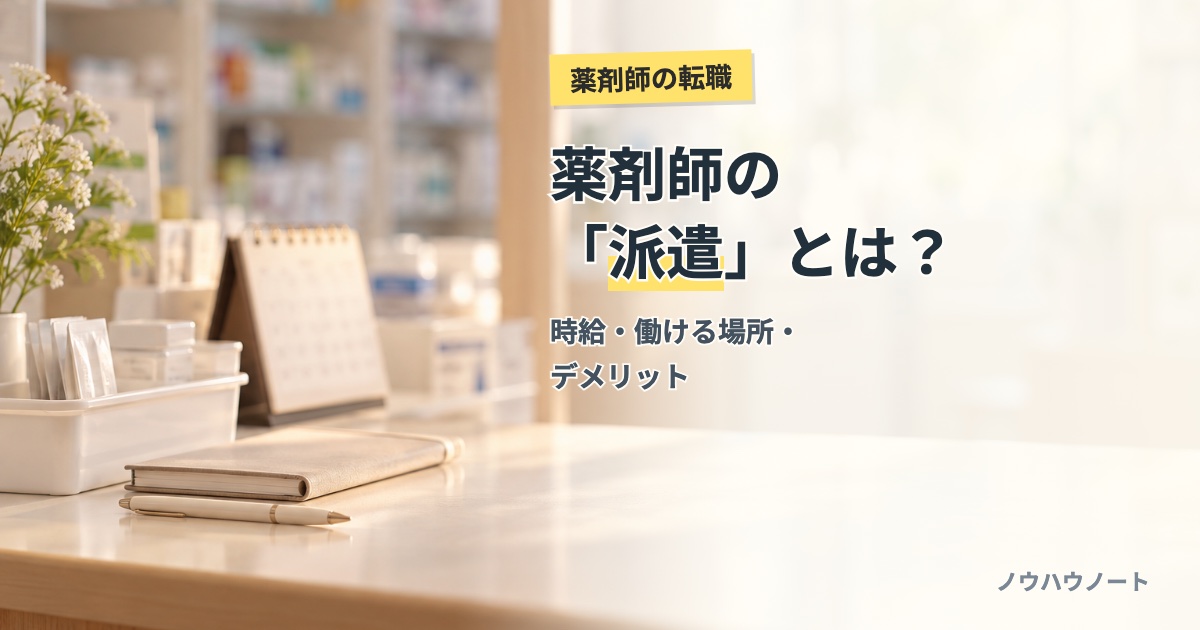朝の調剤薬局のカウンターに、調剤トレーと卓上カレンダー、手帳、ボールペン